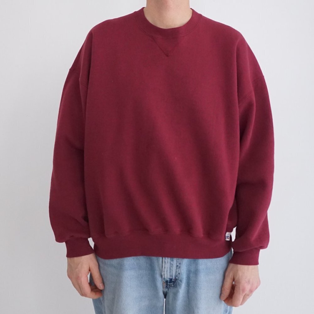 Vintage '90S Russell Athletic Maroon Blank Cotton Crewneck Sweater 2XL